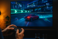 Das Bild zeigt eine Person, die mit einem Controller in der Hand ein Autorennspiel auf einem großen Fernseher spielt. Der Bildschirm zeigt ein schnelles und dynamisches Renngeschehen mit einem sportlichen, roten Auto, das in einer urbanen Umgebung fährt. Im Hintergrund sind moderne Gebäude und ein düsterer, nächtlicher Himmel zu sehen. Grafische Elemente wie Punkte und Geschwindigkeitsanzeigen heben die Spielerfahrung hervor. Die Atmosphäre ist lebhaft und eindrucksvoll, was durch die lebendigen Farben und das futuristische Design unterstrichen wird. Das Bild zeigt eine Person, die mit einem Controller in der Hand ein Autorennspiel auf einem großen Fernseher spielt. Der Bildschirm zeigt ein schnelles und dynamisches Renngeschehen mit einem sportlichen, roten Auto, das in einer urbanen Umgebung fährt. Im Hintergrund sind moderne Gebäude und ein düsterer, nächtlicher Himmel zu sehen. Grafische Elemente wie Punkte und Geschwindigkeitsanzeigen heben die Spielerfahrung hervor. Die Atmosphäre ist lebhaft und eindrucksvoll, was durch die lebendigen Farben und das futuristische Design unterstrichen wird.