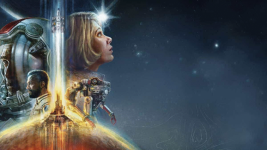 Das Bild zeigt eine künstlerische Darstellung des Spiels Starfield. Im Vordergrund sind verschiedene Figuren zu sehen, darunter ein Astronaut, eine nachdenkliche Frau und ein Roboter. Die Szenerie ist futuristisch und vermittelt ein Gefühl von Weite und Entdeckung im Weltraum. Hinter den Figuren ist eine leuchtende landschaftliche Darstellung zu erkennen, die auf einen Planeten hinweist. Der gesamte Stil des Bildes ist lebhaft und zieht die Zuschauer in die Welt des Spiels hinein.