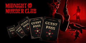 Das Bild zeigt eine düstere und geheimnisvolle Szenerie, die perfekt zur Atmosphäre eines Horror-Spiels passt. Im Vordergrund sind mehrere Karten mit der Beschriftung GUEST PASS zu sehen. Diese Karten sind prominent platziert und heben sich durch ihren goldenen Text vom dunklen Hintergrund ab. Im Hintergrund erkennt man schemenhafte Figuren, die eine bedrohliche Stimmung erzeugen. Eine Person hält eine Waffe, während eine andere im Schatten zu stehen scheint und auf etwas zielt. Die gesamte Komposition ist in Rot- und Schwarztönen gehalten, was den gruseligen Charakter des Spiels unterstreicht. Der Titel MIDNIGHT MURDER CLUB ist groß und auffällig oberhalb der Szene platziert, wodurch sofort klar wird, um welches Spiel es sich handelt. Das Bild zeigt eine düstere und geheimnisvolle Szenerie, die perfekt zur Atmosphäre eines Horror-Spiels passt. Im Vordergrund sind mehrere Karten mit der Beschriftung GUEST PASS zu sehen. Diese Karten sind prominent platziert und heben sich durch ihren goldenen Text vom dunklen Hintergrund ab. Im Hintergrund erkennt man schemenhafte Figuren, die eine bedrohliche Stimmung erzeugen. Eine Person hält eine Waffe, während eine andere im Schatten zu stehen scheint und auf etwas zielt. Die gesamte Komposition ist in Rot- und Schwarztönen gehalten, was den gruseligen Charakter des Spiels unterstreicht. Der Titel MIDNIGHT MURDER CLUB ist groß und auffällig oberhalb der Szene platziert, wodurch sofort klar wird, um welches Spiel es sich handelt.