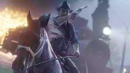 Das Bild zeigt einen charakteristischen Moment aus dem Spiel Red Dead Redemption 2. Im Vordergrund ist ein Reiter zu sehen, der mit einer Pistole in der Hand auf etwas außerhalb des Rahmens zielt. Der Reiter trägt einen Hut und hat eine entschlossene Miene, während sein Pferd im Vordergrund leicht sichtbar ist. Im Hintergrund sind verschwommene Lichter, die eine explosiven oder gefährlichen Situation andeuten. Die Gesamtstimmung des Bildes ist dynamisch und spannungsgeladen und vermittelt das Gefühl von Abenteuer und der rauen Wildwest-Atmosphäre des Spiels. Das Bild zeigt einen charakteristischen Moment aus dem Spiel Red Dead Redemption 2. Im Vordergrund ist ein Reiter zu sehen, der mit einer Pistole in der Hand auf etwas außerhalb des Rahmens zielt. Der Reiter trägt einen Hut und hat eine entschlossene Miene, während sein Pferd im Vordergrund leicht sichtbar ist. Im Hintergrund sind verschwommene Lichter, die eine explosiven oder gefährlichen Situation andeuten. Die Gesamtstimmung des Bildes ist dynamisch und spannungsgeladen und vermittelt das Gefühl von Abenteuer und der rauen Wildwest-Atmosphäre des Spiels.