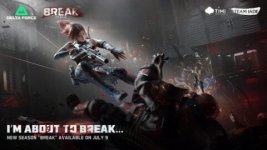 Das Bild zeigt eine dynamische Szene aus dem Spiel Delta Force. Im Vordergrund sieht man eine weibliche Figur, die mit einem Gewehr kämpft und als Operator auftritt. Ihre Pose vermittelt Bewegung und Aktion, während sie gegen einen Gegner antritt, der am Boden liegt. Der Hintergrund ist düster und industriell gestaltet, was die spannungsgeladene Atmosphäre des Spiels unterstreicht. Außerdem ist der Titel Break sowie der Hinweis auf die Verfügbarkeit der neuen Season ab dem 9. Juli prominent dargestellt.