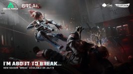 Das Bild zeigt eine aufregende Szene aus einem Action-Spiel, in dem eine weibliche Figur mit einem futuristischen Gewehr auf einen gefallenen Gegner zielt. Die Umgebung wirkt modern und technisch mit dunklen, industriellen Elementen, was die Spannung und Dynamik der Situation verstärkt. Ein Hinweis auf die neue Spielseason Break wird prominent angezeigt, was auf bevorstehende Features und Inhalte hinweist. Der gesamte Look ist energisch und zieht die Aufmerksamkeit auf sich, ideal für Fans von militärischer Action und Videospielen.