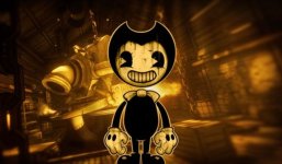 Das Bild zeigt eine cartoonartige Figur mit einem breiten Grinsen, die an einen dunklen und unheimlichen Ort in einem Animationsstudio platziert ist. Die Figur hat große, runde Augen, schwarze Konturen und eine charakteristische, niedliche Anmutung, während die Umgebung in warmen Gelbtönen gehalten ist und eine düstere Atmosphäre ausstrahlt. Im Hintergrund sind schemenhafte Maschinen und dunkle Strukturen zu erkennen, die das Gefühl von Angst und Spannung verstärken. Diese Szenerie spiegelt den Horror- und Gruselcharakter des Spiels wider, in dem die Figur eine zentrale Rolle spielt.