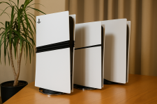 Das Bild zeigt drei PlayStation 5 Konsolen, die nebeneinander auf einem Holztisch stehen. Im Hintergrund ist eine zierte Wand mit Steinelementen sichtbar. Eine Topfpflanze ergänzt die Einrichtung. Die Konsolen haben ein auffälliges, futuristisches Design, das eine Mischung aus weißen und schwarzen Elementen aufweist und auf niedrigen Ständern steht, was ihnen ein modernes Erscheinungsbild verleiht. Das Bild zeigt drei PlayStation 5 Konsolen, die nebeneinander auf einem Holztisch stehen. Im Hintergrund ist eine zierte Wand mit Steinelementen sichtbar. Eine Topfpflanze ergänzt die Einrichtung. Die Konsolen haben ein auffälliges, futuristisches Design, das eine Mischung aus weißen und schwarzen Elementen aufweist und auf niedrigen Ständern steht, was ihnen ein modernes Erscheinungsbild verleiht.