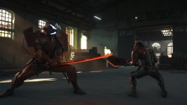 Das Bild zeigt eine spannende Szene aus einem actiongeladenen Videospiel. Im Vordergrund stehen zwei Charaktere in futuristischen Rüstungen, die sich in einem offenen Raum mit großen Fenstern gegenüberstehen, durch die Lichtstrahlen fallen. Der Charakter auf der linken Seite hat eine imposante Rüstung und hält ein leuchtendes rotes Schwert, während der Charakter auf der rechten Seite in einer dynamischen Kampfpose agiert. Die Umgebung wirkt industriell und rau, mit Kisten und Werkzeugen im Hintergrund, was eine dramatische Atmosphäre schafft. Diese Darstellung vermittelt ein Gefühl von Spannung und bevorstehendem Konflikt. Das Bild zeigt eine spannende Szene aus einem actiongeladenen Videospiel. Im Vordergrund stehen zwei Charaktere in futuristischen Rüstungen, die sich in einem offenen Raum mit großen Fenstern gegenüberstehen, durch die Lichtstrahlen fallen. Der Charakter auf der linken Seite hat eine imposante Rüstung und hält ein leuchtendes rotes Schwert, während der Charakter auf der rechten Seite in einer dynamischen Kampfpose agiert. Die Umgebung wirkt industriell und rau, mit Kisten und Werkzeugen im Hintergrund, was eine dramatische Atmosphäre schafft. Diese Darstellung vermittelt ein Gefühl von Spannung und bevorstehendem Konflikt.