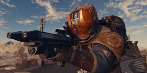 Das Bild zeigt einen Charakter in futuristischer Rüstung, der eine Waffe direkt auf den Betrachter richtet. Die Rüstung hat orangefarbene Akzente und der Charakter trägt einen Helm mit einem einzigartigen Design. Im Hintergrund sind eine dunkelblaue, wolkige Himmel und eine weite, karge Landschaft mit Bergen sichtbar. Diese Szene vermittelt eine Atmosphäre von Spannung und Abenteuer, passend zu einem Science-Fiction-Setting. Das Bild zeigt einen Charakter in futuristischer Rüstung, der eine Waffe direkt auf den Betrachter richtet. Die Rüstung hat orangefarbene Akzente und der Charakter trägt einen Helm mit einem einzigartigen Design. Im Hintergrund sind eine dunkelblaue, wolkige Himmel und eine weite, karge Landschaft mit Bergen sichtbar. Diese Szene vermittelt eine Atmosphäre von Spannung und Abenteuer, passend zu einem Science-Fiction-Setting.