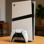 Das Bild zeigt eine PlayStation 5, die auf einem Tisch steht, accompanied by einem modernen Controller. Die Konsole hat ein elegantes Design in Weiß und Schwarz, mit markanten Linien und einer futuristischen Form. Im Hintergrund ist ein unscharfes, farbiges Logo oder Schild sichtbar, das der Konsole einen zusätzlichen modernen Kontext verleiht. Die gesamte Darstellung vermittelt den Eindruck von Hochtechnologie und Gaming-Vergnügen. Das Bild zeigt eine PlayStation 5, die auf einem Tisch steht, accompanied by einem modernen Controller. Die Konsole hat ein elegantes Design in Weiß und Schwarz, mit markanten Linien und einer futuristischen Form. Im Hintergrund ist ein unscharfes, farbiges Logo oder Schild sichtbar, das der Konsole einen zusätzlichen modernen Kontext verleiht. Die gesamte Darstellung vermittelt den Eindruck von Hochtechnologie und Gaming-Vergnügen.