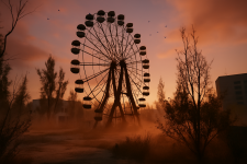 Das Bild zeigt ein großes, verrostetes Riesenrad in einer verlassenen Umgebung, umgeben von trockenem Gras und dürren Bäumen. Der Himmel ist dramatisch gefärbt, mit orangefarbenen und grauen Wolken, die eine melancholische Stimmung erzeugen. Der Boden ist neblig, was die Atmosphäre der Verlassenheit und des Verfalls verstärkt. Die Szenerie könnte aus einem post-apokalyptischen Setting stammen und vermittelt ein Gefühl von Einsamkeit und Vergänglichkeit. Das Bild zeigt ein großes, verrostetes Riesenrad in einer verlassenen Umgebung, umgeben von trockenem Gras und dürren Bäumen. Der Himmel ist dramatisch gefärbt, mit orangefarbenen und grauen Wolken, die eine melancholische Stimmung erzeugen. Der Boden ist neblig, was die Atmosphäre der Verlassenheit und des Verfalls verstärkt. Die Szenerie könnte aus einem post-apokalyptischen Setting stammen und vermittelt ein Gefühl von Einsamkeit und Vergänglichkeit.