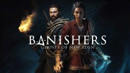 Das Bild zeigt die Hauptfiguren aus dem Spiel Banishers: Ghosts of New Eden. Im Vordergrund stehen zwei Charaktere, ein Mann und eine Frau, die sich an den Händen halten. Der Mann trägt einen langen, ärmellosen Mantel und hält eine brennende Fackel in der linken Hand, während die Frau in einem roten Oberteil mit einem Halsband zu sehen ist. Der Hintergrund ist düster und mystisch, mit einer bläulichen Aura, die um die Frau herumschimmert. Der Titel des Spiels steht prominent im unteren Bereich, was die Verbindung zu den Charakteren verstärkt. Das Bild zeigt die Hauptfiguren aus dem Spiel Banishers: Ghosts of New Eden. Im Vordergrund stehen zwei Charaktere, ein Mann und eine Frau, die sich an den Händen halten. Der Mann trägt einen langen, ärmellosen Mantel und hält eine brennende Fackel in der linken Hand, während die Frau in einem roten Oberteil mit einem Halsband zu sehen ist. Der Hintergrund ist düster und mystisch, mit einer bläulichen Aura, die um die Frau herumschimmert. Der Titel des Spiels steht prominent im unteren Bereich, was die Verbindung zu den Charakteren verstärkt.