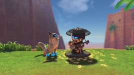 Das Bild zeigt eine charmante Szene aus dem Spiel Astro Bot. Im Vordergrund sitzen ein kleiner humanoider Charakter mit einem traditionellen Hut und einem Musikinstrument sowie ein niedlicher, tierartiger Begleiter. Der Charakter spielt Musik, während der Begleiter aufmerksam zuhört. Die Umgebung ist grün und üppig, mit einem blauen Himmel im Hintergrund und beeindruckenden Felsen, die die Szenerie umrahmen. Die Gesamtatmosphäre wirkt freundlich und einladend, was gut zur spielerischen und kreativen Natur von Astro Bot passt. Das Bild zeigt eine charmante Szene aus dem Spiel Astro Bot. Im Vordergrund sitzen ein kleiner humanoider Charakter mit einem traditionellen Hut und einem Musikinstrument sowie ein niedlicher, tierartiger Begleiter. Der Charakter spielt Musik, während der Begleiter aufmerksam zuhört. Die Umgebung ist grün und üppig, mit einem blauen Himmel im Hintergrund und beeindruckenden Felsen, die die Szenerie umrahmen. Die Gesamtatmosphäre wirkt freundlich und einladend, was gut zur spielerischen und kreativen Natur von Astro Bot passt.