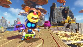 Das Bild zeigt eine lebhafte und farbenfrohe Spielumgebung aus dem PS5-Spiel Astro Bot. Im Vordergrund steht die Hauptfigur, ein niedlicher Roboter mit einem expressiven Gesicht und bunten Accessoires, die an verschiedene Masken erinnern. Der Roboter trägt orangefarbene Ohren und einen bunten Körper, während er auf einer Holzplattform steht, umgeben von einer stimmungsvollem Landschaft mit hohen, farbigen Bäumen und einer felsigen Kulisse im Hintergrund. Über die Plattform verlaufen unterschiedliche Hindernisse und Sammelobjekte, die zum Erforschen und Spielen einladen. Insgesamt vermittelt die Szene ein Gefühl von Abenteuer und Spaß in einer fantasievollen Welt. Das Bild zeigt eine lebhafte und farbenfrohe Spielumgebung aus dem PS5-Spiel Astro Bot. Im Vordergrund steht die Hauptfigur, ein niedlicher Roboter mit einem expressiven Gesicht und bunten Accessoires, die an verschiedene Masken erinnern. Der Roboter trägt orangefarbene Ohren und einen bunten Körper, während er auf einer Holzplattform steht, umgeben von einer stimmungsvollem Landschaft mit hohen, farbigen Bäumen und einer felsigen Kulisse im Hintergrund. Über die Plattform verlaufen unterschiedliche Hindernisse und Sammelobjekte, die zum Erforschen und Spielen einladen. Insgesamt vermittelt die Szene ein Gefühl von Abenteuer und Spaß in einer fantasievollen Welt.