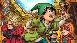 Das Bild zeigt eine Gruppe von Charakteren aus dem Spiel Dragon Quest 7. Im Vordergrund steht ein junger Held mit einem grünen Hut und einem Schwert in der Hand, der fröhlich in die Kamera lächelt. Neben ihm sind weitere Charaktere in bunten, vielseitigen Outfits zu sehen, darunter eine weibliche Kämpferin, eine Magierin und andere Helden mit unterschiedlichen Stilen. Im Hintergrund ist eine geheimnisvolle, leuchtende Kiste zu erkennen, die an das Abenteuer und die Entdeckungsreise des Spiels erinnert. Die Charaktere strahlen einen nostalgischen Charme aus, der die Atmosphäre des klassischen Rollenspiels verkörpert.