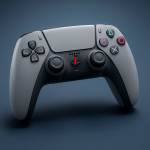 Das Bild zeigt einen DualSense-Controller in einem nostalgischen Design, das vom ursprünglichen PlayStation 1-Controller inspiriert ist. Der Controller hat eine helle graue Farbe, die an die alte PS1 erinnert, sowie farbige Tasten für die Symbole X, O, Quadrat und Dreieck. In der Mitte des Controllers befindet sich das ikonische PlayStation-Logo. Der Hintergrund ist dunkel gehalten, was den Fokus auf den Controller lenkt und ihm ein modernes und zugleich nostalgisches Flair verleiht.