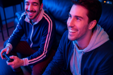 Das Bild zeigt zwei junge Männer, die entspannt auf einem Sofa sitzen und Videospiele spielen. Beide haben Freude am Spiel und lachen, während sie einen Controller in der Hand halten. Der Hintergrund ist in lebhaften, bunten Farben beleuchtet, was eine energiegeladene Gaming-Atmosphäre schafft. Die Männer tragen sportliche Kleidung und wirken konzentriert, aber zugleich entspannt und glücklich. Das Bild zeigt zwei junge Männer, die entspannt auf einem Sofa sitzen und Videospiele spielen. Beide haben Freude am Spiel und lachen, während sie einen Controller in der Hand halten. Der Hintergrund ist in lebhaften, bunten Farben beleuchtet, was eine energiegeladene Gaming-Atmosphäre schafft. Die Männer tragen sportliche Kleidung und wirken konzentriert, aber zugleich entspannt und glücklich.