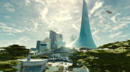 Das Bild zeigt eine futuristische Stadtlandschaft mit modernen Wolkenkratzern, die in den Himmel ragen. Im Vordergrund sind große, grüne Bäume und Pflanzen zu sehen, die eine naturnahe Umgebung schaffen. In der Mitte der Szene erhebt sich ein markanter, spitz zulaufender Turm, auf dem das Logo eines Unternehmens zu sehen ist. Der Himmel ist teilweise bewölkt und vermittelt eine helle, einladende Atmosphäre. Ein Raumschiff schwebt majestätisch darüber, was den futuristischen Charakter der Szenerie unterstreicht. Insgesamt vermittelt das Bild ein Gefühl von Fortschritt und Abenteuer im Kontext einer Sci-Fi-Welt.