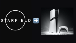 Das Bild zeigt das Logo von Starfield, prominent platziert, und daneben ist eine PlayStation 5 Konsole mit dem zugehörigen Controller abgebildet. Zwischen dem Logo und der Konsole befindet sich ein Pfeil, der auf einen Zusammenhang hinweist. Diese visuelle Darstellung verdeutlicht die Diskussion um einen möglichen Release von Starfield für die PS5 und symbolisiert die Verbindung zwischen dem Spiel und der Plattform. Es wird eine klare Erwartungshaltung vermittelt, dass Starfield bald auch für die PlayStation verfügbar sein könnte.