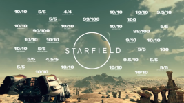Das Bild zeigt eine beeindruckende Landschaft aus einer Sci-Fi-Welt, in der sich ein Raumschiff im Vordergrund befindet. Der Himmel ist hell und wolkenlos, mit einem Planeten, der im Hintergrund schimmert. Um das zentrale Logo von Starfield sind zahlreiche Kritiken und Bewertungen angeordnet, die mit hohen Punktzahlen wie 10/10 und 5/5 versehen sind. Diese Bewertungen stammen von verschiedenen Medien und zeugen von der positiven Rezeption des Spiels. Die Darstellung vermittelt eine aufregende Atmosphäre und unterstreicht den Erfolg von Starfield.