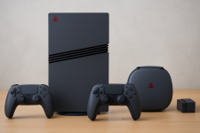 Das Bild zeigt eine stilisierte Darstellung der PlayStation 5 Pro zusammen mit zwei Controllern und einem Zubehörteil. Die Konsole hat ein minimalistisches, modernes Design in einem matten Grauton und ist auf einem weißen Hintergrund platziert. Die Anordnung der Elemente vermittelt ein Gefühl von Innovation und Modernität, was den Kontext des Bildes über die bevorstehenden technischen Verbesserungen und das Gaming-Erlebnis unterstreicht. Die gesamte Komposition wirkt ansprechend und verspricht spannende Entwicklungen in der Gaming-Welt.