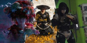 Das Bild zeigt eine kreative Collage von verschiedenen Charakteren aus Videospielen. Im Vordergrund befindet sich eine majestätische Figur mit einer blumigen Kopfbedeckung, die eine künstlerische und surreale Ausstrahlung hat. Rechts daneben sieht man einen kriegerischen Charakter in traditioneller Kleidung mit einer prächtigen Schwertführung in einer herbstlichen Umgebung. Auf der linken Seite ist eine futuristisch aussehende Figur in einem sportlichen Outfit abgebildet, die mit einem stylischen Gadget ausgestattet ist. Der Hintergrund ist bunt und vielfältig, was die energetische Stimmung der Gaming-Welt widerspiegelt. Das Bild zeigt eine kreative Collage von verschiedenen Charakteren aus Videospielen. Im Vordergrund befindet sich eine majestätische Figur mit einer blumigen Kopfbedeckung, die eine künstlerische und surreale Ausstrahlung hat. Rechts daneben sieht man einen kriegerischen Charakter in traditioneller Kleidung mit einer prächtigen Schwertführung in einer herbstlichen Umgebung. Auf der linken Seite ist eine futuristisch aussehende Figur in einem sportlichen Outfit abgebildet, die mit einem stylischen Gadget ausgestattet ist. Der Hintergrund ist bunt und vielfältig, was die energetische Stimmung der Gaming-Welt widerspiegelt.