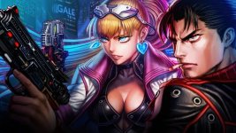 Das Bild zeigt zwei stylisierte Charaktere in einem Cyberpunk-Setting. Der männliche Charakter hat einen ernsten Blick, trägt eine elegante schwarze Jacke und hat kurzes, dunkles Haar. Neben ihm steht eine weibliche Figur mit langen, blonden Haaren, die eine auffällige pinke Jacke und Herzohrringe trägt. Beide halten futuristische Waffen in der Hand und wirken bereit für Action. Der Hintergrund ist lebhaft mit Neonlichtern und futuristischen Elementen, die die düstere Atmosphäre der Stadt unterstreichen. Die pixelige Kunstweise erinnert an klassische Videospiele und verstärkt den Retro-Chic des Settings. Das Bild zeigt zwei stylisierte Charaktere in einem Cyberpunk-Setting. Der männliche Charakter hat einen ernsten Blick, trägt eine elegante schwarze Jacke und hat kurzes, dunkles Haar. Neben ihm steht eine weibliche Figur mit langen, blonden Haaren, die eine auffällige pinke Jacke und Herzohrringe trägt. Beide halten futuristische Waffen in der Hand und wirken bereit für Action. Der Hintergrund ist lebhaft mit Neonlichtern und futuristischen Elementen, die die düstere Atmosphäre der Stadt unterstreichen. Die pixelige Kunstweise erinnert an klassische Videospiele und verstärkt den Retro-Chic des Settings.