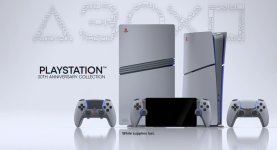 Das Bild zeigt die PlayStation 30th Anniversary Collection, die eine nostalgische Hommage an die ursprüngliche PS1 darstellt. In der Mitte steht die PS5 Slim in einem grauen Design, das dem Original von 1994 nachempfunden ist. Daneben sind zwei DualSense-Controller zu sehen, ebenfalls im klassischen grauen Look mit bunten Akzenten. Vor der Konsole liegt das PlayStation Portal, ein handheldähnliches Gerät mit einem Bildschirm und Steuerelementen. Im Hintergrund deutliche Hinweise auf das 30-jährige Jubiläum der PlayStation, während der Gesamtlook retro und zugleich modern anmutet. Die Schriftzüge und Icons im Bild unterstreichen die Feierlichkeit des Anlasses.
