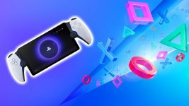 Das Bild zeigt eine moderne Handheld-Konsole, die an einen PlayStation-Controller angelehnt ist. Der Bildschirm der Konsole zeigt das PlayStation-Logo vor einem dynamischen, farbenfrohen Hintergrund, der in verschiedenen Blautönen mit geometrischen Formen in leuchtenden Farben gestaltet ist. Diese Formen erinnern an die bekannten Symbole und Icons der PlayStation-Plattform, was die Verbindung zur Gaming-Welt unterstreicht. Das Gesamtbild vermittelt ein Gefühl von Innovation und Mobilität im Gaming-Bereich.