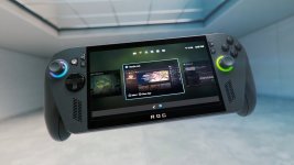 Das Bild zeigt ein modernes Handheld-Gaming-Gerät, das in einem futuristischen, minimalistischen Raum schwebt. Das Display ist groß und zeigt eine Benutzeroberfläche mit mehreren Anwendungen, darunter Spiele und Kommunikations-Apps. An den Seiten des Geräts befinden sich Steuerknöpfe und Joysticks, die ein ergonomisches Design vermuten lassen. Die Gesamtästhetik vermittelt Fortschritt und Technik, was den Eindruck verstärkt, dass dieses Handheld eine leistungsstarke Gaming-Erfahrung bieten könnte.