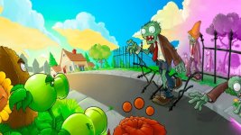 Das Bild zeigt eine farbenfrohe und cartoonartige Szenerie aus dem Spiel Plants vs. Zombies. Im Vordergrund sind einige Pflanzen abgebildet, die zur Verteidigung gegen die näherkommenden Zombies bereitstehen. Im Hintergrund sind verschiedene Zombies zu sehen, darunter einer in einem Anzug und mit einer lustigen Mimik, der sich auf einem Weg in Richtung der Pflanzen bewegt. Die Umgebung ist hell und freundlich gestaltet und enthält Elemente wie ein Haus und einen Zaun. Diese Darstellung vermittelt eine Mischung aus Humor und Action, die das Spiel so besonders macht.