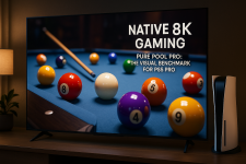 Das Bild zeigt einen modernen Fernseher, auf dem das Spiel Pure Pool Pro in beeindruckender 8K-Qualität abgebildet ist. Auf dem Tisch sind mehrere Billardkugeln in verschiedenen Farben zu sehen, während der Queue-Stick darauf ausgerichtet ist, einen gezielten Stoß zu machen. Neben dem Fernseher steht eine PlayStation 5 Konsole, die das Gesamtbild abrundet. Der Bildschirm hebt den nativen 8K-Support hervor und positioniert das Spiel als visuelles Referenzwerk für die PS5 Pro. Die Beleuchtung im Hintergrund sorgt für eine gemütliche Atmosphäre. Das Bild zeigt einen modernen Fernseher, auf dem das Spiel Pure Pool Pro in beeindruckender 8K-Qualität abgebildet ist. Auf dem Tisch sind mehrere Billardkugeln in verschiedenen Farben zu sehen, während der Queue-Stick darauf ausgerichtet ist, einen gezielten Stoß zu machen. Neben dem Fernseher steht eine PlayStation 5 Konsole, die das Gesamtbild abrundet. Der Bildschirm hebt den nativen 8K-Support hervor und positioniert das Spiel als visuelles Referenzwerk für die PS5 Pro. Die Beleuchtung im Hintergrund sorgt für eine gemütliche Atmosphäre.