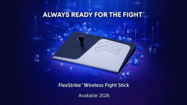 Das Bild zeigt den neuen FlexStrike Wireless Fight Stick von Sony, der speziell für die PlayStation 5 und auch für PC entwickelt wurde. Der Fight Stick hat ein modernes Design mit einem Joystick auf der linken Seite und mehreren Tasten auf der rechten Seite. Er ist in Schwarz und Grau gehalten, wobei die Tasten klar sichtbar sind. Im Hintergrund ist eine digitale, leuchtende Grafik zu sehen, die eine technologische Atmosphäre schafft. Der Schriftzug „ALWAYS READY FOR THE FIGHT“ hebt die Spielbereitschaft des Geräts hervor, während das Wort „Available 2026“ darauf hinweist, wann das Produkt erhältlich sein wird.