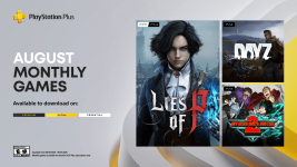 Das Bild zeigt die monatlichen Spiele für August bei PlayStation Plus. Im Mittelpunkt steht das Spiel Lies of P. Auf der linken Seite ist das Cover dieses Spiels abgebildet, das eine düstere, atmosphärische Figur zeigt. Rechts daneben sind die Cover von Day Z und My Hero One’s Justice 2 zu sehen, die jeweils einen markanten und ansprechenden Stil haben. Der Hintergrund ist schlicht, mit klaren Texten, die die Verfügbarkeit der Spiele und den Anlass des 15-jährigen Jubiläums von PlayStation Plus hervorheben. Die Präsentation vermittelt einen lebendigen und einladenden Eindruck für Spieler.