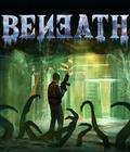 Das Bild zeigt eine düstere Unterwasserumgebung aus dem Spiel Beneath. Im Vordergrund steht ein Charakter mit einer Waffe, umgeben von langen, tentakelartigen Kreaturen, die aus dem Schatten hervorragen. Die Szenerie ist von schummrigem, grünlich-blauem Licht durchflutet, das eine unheimliche Atmosphäre erzeugt. Im Hintergrund sind schemenhafte Strukturen sichtbar, die an verlassene unterseeische Anlagen erinnern. Der Titel des Spiels Beneath ist markant und bildschirmfüllend oben im Bild platziert, was die bedrohliche Stimmung unterstreicht.