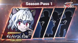 Das Bild zeigt eine grafische Ankündigung für das Spiel Hunter x Hunter: Nen x Impact. Im Vordergrund ist der Charakter Neferpitou abgebildet, umrahmt von künstlerischen Effekten. Rechts neben Neferpitou sind mehrere Silhouetten zu sehen, die zukünftige herunterladbare Charaktere darstellen sollen. Darunter befinden sich auch die Zeitangaben für ihren Release, darunter Winter 2025, Frühling 2026 und Sommer 2026. Oben steht Season Pass 1, was auf geplante Inhalte hinweist. Die gesamte Grafik hat ein dynamisches und ansprechendes Design, das die Neugier der Fans weckt.