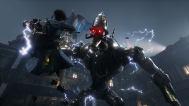 Das Bild zeigt eine dynamische Szene aus dem Spiel Lies of P. Im Vordergrund sieht man eine humanoide Figur, die eine elektrische Energieaura ausstrahlt und gegen einen beeindruckenden Roboter kämpft. Der Roboter hat ein dunkles, metallisches Design mit leuchtend roten Augen und einem stilisierten Polizeihelm. Der Hintergrund zeigt eine mysteriöse, stilisierte Stadtarchitektur, die eine düstere, gothic Atmosphäre vermittelt. Diese Kombination aus actiongeladenem Kampf und einem eindrucksvollen Setting unterstreicht die spannungsgeladene Stimmung des Spiels.
