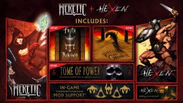 Das Bild zeigt eine Ankündigung für die Neuauflage der Spiele Heretic und Hexen. In einer attraktiven Präsentation sind die Logos der beiden Spiele prominent abgebildet, begleitet von den Titeln neuer Episoden wie Faith Renewed und Vestiges of Grandeur. Außerdem wird der erweiterte Soundtrack Tome of Power erwähnt. Das grafische Design vermittelt eine düstere, mystische Atmosphäre, die das Fantasy-Setting der Spiele widerspiegelt. Anmerkungen zu neuen Features wie Multiplayer-Optionen und Community-Inhalten ergänzen die Übersicht, die sowohl Nostalgie als auch moderne Aspekte der Spieleentwicklung betont.