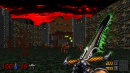 Das Bild zeigt eine düstere Fantasy-Szenerie aus einem ersten-person Shooter. Im Vordergrund ist ein Charakter zu sehen, der einen leuchtenden Zauberstab oder eine Waffe hält. Der Hintergrund zeigt eine labyrinthartige Umgebung mit einer imposanten Steinstruktur, die wie eine Festung aussieht. Die Landschaft ist geprägt von unheimlichen, knorrigen Bäumen und Monstern, die sich im Schatten bewegen. Der Himmel ist bedrohlich rot gefärbt, was zur fantastischen und mystischen Atmosphäre beiträgt. Das Bild evoziert ein Gefühl von Abenteuer und Spannung in einer dunklen Welt voller Zauber und Kämpfe.