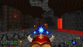 Das Bild zeigt eine düstere, fantasievolle Spieleumgebung, die an klassische Dungeon-Crawler erinnert. Der Spielerblick ist auf einen Lavafluss ausgelegt, der das Terrain mit intensiven roten und orangenen Farben akzentuiert. Umgeben von groben, grauen Steinmauern und einem labyrinthartigen Aufbau verleiht die Szenerie der Atmosphäre ein Gefühl von Gefahr und Abenteuer. Charakteristische Elemente wie magische Effekte und gefährliche Gegner sind präsent und schaffen eine spannende Stimmung, die die Spieler dazu anregt, die Level zu erkunden. Die Gestaltung kombiniert nostalgisches Flair mit modernen Spielmechaniken.