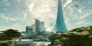 Das Bild zeigt eine futuristische Stadtansicht unter einem klaren Himmel. Im Vordergrund sind grüne Baumkronen zu sehen, die einen Kontrast zu den modernen Gebäuden im Hintergrund bilden. Diese sind hoch und in verschiedenen architektonischen Stilen gestaltet, wobei ein markanter, gläserner Turm in Form eines Zelt nach oben ragt. Einige kleine Figuren sind im Vordergrund sichtbar, die durch die lebendige Umgebung flanieren. Der Gesamteindruck vermittelt ein Gefühl von Fortschritt und einer dynamischen urbanen Umgebung.