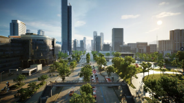 Das Bild zeigt eine moderne, urbanisierte Stadtlandschaft mit hohen Wolkenkratzern, die in den Himmel ragen. Die Architektur ist zeitgenössisch und spiegelt eine Mischung aus Glas und Stahl wider. Die Straßen sind mit Bäumen und Grünflächen gesäumt, was dem Stadtbild eine frische Note verleiht. Es gibt mehrere Autos, die auf der Straße fahren, und das Licht der Sonne schafft eine angenehme Atmosphäre, die auf einen klaren, schönen Tag hindeutet. Im Hintergrund sind weitere Gebäude sowie einverstanden Wahrzeichen zu erkennen, was auf eine lebendige, dynamische Stadt hinweist.