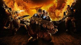 Das Bild zeigt eine actionreiche Szene aus einem Videospiel, das Teil der Gears of War-Serie ist. Im Vordergrund steht ein Charakter, der eine moderne Waffe hält und entschlossen aussieht. Hinter ihm sind mehrere andere Charaktere zu sehen, die ebenfalls bewaffnet sind und in einer intensiven Kampfsituation agieren. Die Szenerie ist von drückender Atmosphäre geprägt, mit rauchigen, orangefarbenen Lichteffekten im Hintergrund, die auf explosive Action hindeuten. Insgesamt vermittelt das Bild ein Gefühl von Spannung und Vorfreude auf das Spiel. Das Bild zeigt eine actionreiche Szene aus einem Videospiel, das Teil der Gears of War-Serie ist. Im Vordergrund steht ein Charakter, der eine moderne Waffe hält und entschlossen aussieht. Hinter ihm sind mehrere andere Charaktere zu sehen, die ebenfalls bewaffnet sind und in einer intensiven Kampfsituation agieren. Die Szenerie ist von drückender Atmosphäre geprägt, mit rauchigen, orangefarbenen Lichteffekten im Hintergrund, die auf explosive Action hindeuten. Insgesamt vermittelt das Bild ein Gefühl von Spannung und Vorfreude auf das Spiel.