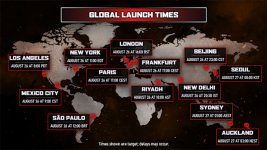 Das Bild zeigt eine Weltkarte mit verschiedenen Städten und den angekündigten Release-Zeiten für das Spiel Gears of War: Reloaded. In jeder Stadt sind die entsprechenden Uhrzeiten in verschiedenen Zeitzonen angegeben, um Spielern weltweit die gleichzeitige Veröffentlichung am 26. August 2025 zu erleichtern. Die Karte ist im Hintergrund dunkel und hat zahlreiche markierte Punkte, die die Städte hervorheben stellen, während rote Textfelder die spezifischen Details zu den Zeitangaben bieten. Das Bild zeigt eine Weltkarte mit verschiedenen Städten und den angekündigten Release-Zeiten für das Spiel Gears of War: Reloaded. In jeder Stadt sind die entsprechenden Uhrzeiten in verschiedenen Zeitzonen angegeben, um Spielern weltweit die gleichzeitige Veröffentlichung am 26. August 2025 zu erleichtern. Die Karte ist im Hintergrund dunkel und hat zahlreiche markierte Punkte, die die Städte hervorheben stellen, während rote Textfelder die spezifischen Details zu den Zeitangaben bieten.