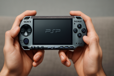 Das Bild zeigt eine Person, die eine Handheld-Spielkonsole in den Händen hält. Die Konsole ist modern gestaltet und trägt das Logo von Sony. Der Bildschirm ist leer und die Person sitzt auf einem Sofa oder einer ähnliche Oberfläche. Die Haltung der Hände deutet darauf hin, dass die Konsole aktiv genutzt wird oder gleich zum Spielen bereit ist. Um die Person herum ist eine entspannte Atmosphäre zu erkennen.