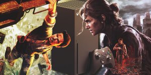 Das Bild zeigt eine visuelle Collage von ikonischen Charakteren aus verschiedenen Videospielen, die auf einer Xbox-Konsole abgebildet sind. Zu sehen sind unter anderem Figuren aus der Uncharted-Reihe und The Last of Us, umgeben von dynamischen, actionreichen Hintergründen. Der Fokus liegt auf der Verbindung zwischen den Charakteren und der Konsole, was die Diskussion über Plattformexklusivität und die zeitgemäße Verschiebung von Gaming-Grenzen symbolisiert. Die Darstellung evoziert ein modernes und aufgeschlossenes Gaming-Umfeld, in dem verschiedene Franchises und Konsolen miteinander interagieren können.