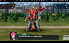 Das Bild zeigt einen mecha-artigen Roboter in einer spielerischen Grafik, der in einer urbanen Landschaft steht. Im Vordergrund ist ein Charakter namens Gauma abgebildet, der mit einem Textfeld spricht. Der Roboter ist in auffälligen Farben gestaltet, überwiegend rot und grau, mit gelben und grünen Akzenten. Im Hintergrund sind Bäume und moderne Gebäude sichtbar, die eine Stadtlandschaft andeuten. Oben im Bild sind technische Kennzahlen wie FPS und CPU-Auslastung eingeblendet, die auf die Performance des Spiels hinweisen.