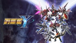Das Bild zeigt eine dynamische Darstellung des Spiels Super Robot Wars Y. Im Fokus stehen verschiedene mechanisierte Charaktere oder Roboter, die umgeben sind von intergalaktischen Elementen und lebhaften Effekten, die Bewegung und Energie vermitteln. Die Farbpalette umfasst kräftige Töne, die eine futuristische Atmosphäre schaffen. Der Titel des Spiels ist prominent platziert, was auf die Identität des Spiels hinweist. Insgesamt vermittelt das Bild den Eindruck von Action und Abenteuer in einer Sci-Fi-Welt.