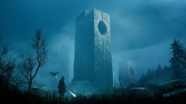 Das Bild zeigt eine düstere, neblige Landschaft mit hohen, mysteriösen Steintürmen, die in den Himmel ragen. Im Vordergrund steht eine gestalte Person mit einem Schwert, die in die Ferne blickt. Um sie herum wachsen trostlose Sträucher und der Boden ist mit Überresten alter Autos bedeckt. Die kühle Farbpalette und die schwache Beleuchtung erzeugen eine gespenstische Atmosphäre, die das Gefühl von Geheimnis und Gefahr verstärkt. Der Himmel ist bewölkt und vermittelt ein Gefühl von Unheil. Das Bild zeigt eine düstere, neblige Landschaft mit hohen, mysteriösen Steintürmen, die in den Himmel ragen. Im Vordergrund steht eine gestalte Person mit einem Schwert, die in die Ferne blickt. Um sie herum wachsen trostlose Sträucher und der Boden ist mit Überresten alter Autos bedeckt. Die kühle Farbpalette und die schwache Beleuchtung erzeugen eine gespenstische Atmosphäre, die das Gefühl von Geheimnis und Gefahr verstärkt. Der Himmel ist bewölkt und vermittelt ein Gefühl von Unheil.
