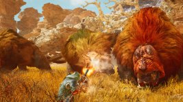 Das Bild zeigt eine aufregende Szene aus dem Spiel Monster Hunter Wilds. Im Vordergrund ist ein Jäger zu sehen, der mit einer Waffe auf ein großes, monsterartiges Wesen zielt. Hinter dem Jäger sind mehrere massige Kreaturen zu erkennen, deren beeindruckende, fellige Körper in lebhaften Farben strahlen. Die Umgebung besteht aus einem offenen, gelben Grasland, das von Felsen und einer hellblauen Himmelkulisse umgeben ist. Die Szenerie vermittelt ein Gefühl von Abenteuer und Spannung, während die Charaktere in ihrem Kampf um das Überleben und den Sieg darstellen. Das Bild zeigt eine aufregende Szene aus dem Spiel Monster Hunter Wilds. Im Vordergrund ist ein Jäger zu sehen, der mit einer Waffe auf ein großes, monsterartiges Wesen zielt. Hinter dem Jäger sind mehrere massige Kreaturen zu erkennen, deren beeindruckende, fellige Körper in lebhaften Farben strahlen. Die Umgebung besteht aus einem offenen, gelben Grasland, das von Felsen und einer hellblauen Himmelkulisse umgeben ist. Die Szenerie vermittelt ein Gefühl von Abenteuer und Spannung, während die Charaktere in ihrem Kampf um das Überleben und den Sieg darstellen.