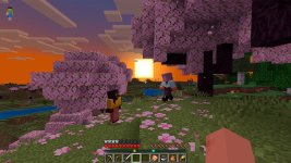 Das Bild zeigt eine Szene aus dem Spiel Minecraft, in der sich drei Charaktere im Freien befinden. Sie stehen unter blühenden Kirschbäumen, deren pinke Blüten sowohl auf den Bäumen als auch auf dem Boden liegen. Im Hintergrund ist ein Sonnenuntergang zu sehen, der den Himmel in warmen Orange- und Rosatönen einfärbt. Die Charaktere scheinen aktiv zu sein, einer von ihnen schwebt in der Luft, während die anderen beiden am Boden stehen. Es herrscht eine lebendige, fröhliche Atmosphäre, die die kreative und gemeinschaftliche Natur des Spiels widerspiegelt. Das Bild zeigt eine Szene aus dem Spiel Minecraft, in der sich drei Charaktere im Freien befinden. Sie stehen unter blühenden Kirschbäumen, deren pinke Blüten sowohl auf den Bäumen als auch auf dem Boden liegen. Im Hintergrund ist ein Sonnenuntergang zu sehen, der den Himmel in warmen Orange- und Rosatönen einfärbt. Die Charaktere scheinen aktiv zu sein, einer von ihnen schwebt in der Luft, während die anderen beiden am Boden stehen. Es herrscht eine lebendige, fröhliche Atmosphäre, die die kreative und gemeinschaftliche Natur des Spiels widerspiegelt.