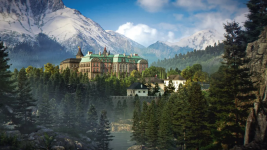 Das Bild zeigt eine beeindruckende, majestätische Villa, die in einer malerischen Landschaft eingebettet ist. Umgeben von hohen, grünen Bäumen und im Hintergrund deutlich sichtbaren Bergen, verleiht die Architektur der Villa mit ihren Türmen und dem geschwungenen Dach einen eleganten Charme. Der Himmel ist klar und strahlt blauen Glanz aus, was die gesamte Szene zu einem idyllischen und einladenden Anblick macht. Diese Kulisse könnte perfekt für eine spannende Geschichte oder einen aufregenden Abenteuer-Game-Level sein.