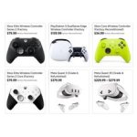 Das Bild zeigt eine Auswahl von verschiedenen Gaming-Zubehörteilen, darunter Xbox- und PlayStation-Controller sowie VR-Headsets. Die Produkte sind in unterschiedlichen Farben dargestellt, mit Preisangaben, die auf die refurbished-Optionen hinweisen. Die Controller sind in Schwarz, Weiß und grün erhältlich, während die VR-Headsets in grauem und weißem Design präsentiert werden. Alle Artikel scheinen als generalüberholt gekennzeichnet zu sein und sind zu ermäßigten Preisen angeboten, wodurch eine kostengünstige Option für Gamer hervorgehoben wird.